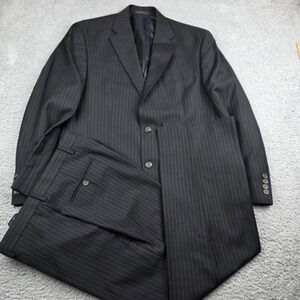 Chaps Mens 40R Suit Set Black Pinstripe 100% Wool Two Button Jacket Pants 33x30